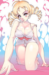 Rule 34 | 1girl, all fours, blonde hair, blue eyes, breasts, catherine, catherine (game), cleavage, collarbone, commentary, dress, drill hair, english commentary, gluteal fold, head tilt, highres, large breasts, long hair, looking at viewer, md5 mismatch, panties, parted lips, resolution mismatch, rtil, smile, solo, source smaller, strap slip, thigh gap, underwear, v-shaped eyebrows, white dress, white panties