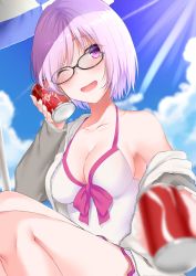 Rule 34 | 1girl, bare shoulders, blue sky, blurry, blush, breasts, can, cleavage, cloud, depth of field, drink can, fate/grand order, fate (series), glasses, hair over one eye, highres, hizuki higure, jacket, jacket over swimsuit, light purple hair, looking at viewer, mash kyrielight, mash kyrielight (swimsuit of perpetual summer), medium breasts, official alternate costume, one eye closed, purple eyes, short hair, sitting, sky, smile, soda can, solo, swimsuit, swimsuit under clothes, umbrella