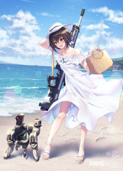 Rule 34 | 1girl, :d, arms note, bag, bare shoulders, beach, black hat, blue sky, blush, braid, brown hair, bullpup, cloud, copyright name, day, dress, fukai ryosuke, gun, handbag, hat, highres, holding, holding bag, open mouth, outdoors, rifle, robot, sandals, short hair, side braid, sky, smile, sniper rifle, solo, standing, weapon, weapon on back, white dress, white hat, yellow eyes