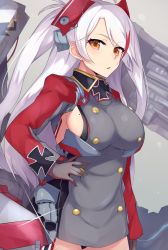 Rule 34 | 1girl, azur lane, black gloves, blush, breasts, brown eyes, commentary request, cowboy shot, cross, dress, glint, gloves, grey background, hand on own hip, headgear, highres, ichijou (kr neru0), iron cross, large breasts, long hair, long sleeves, looking at viewer, military, military uniform, mole, mole on breast, parted lips, prinz eugen (azur lane), red hair, rigging, short dress, sideboob, sidelocks, simple background, solo, tsurime, two side up, uniform, white hair