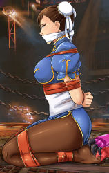 Rule 34 | 2girls, arms behind back, ass, bdsm, bondage, bound, bound ankles, bound arms, bound legs, bound wrists, breasts, brown eyes, brown hair, bun cover, capcom, chain, chinese clothes, chun-li, cloth gag, double bun, from side, gag, gagged, hair bun, han juri, highres, improvised gag, kneeling, large breasts, legs, long legs, looking at viewer, lost one zero, multiple girls, over the mouth gag, pantyhose, seiza, short hair, sitting, street fighter, sweat, tape, tape bondage, tickling