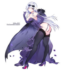 Rule 34 | 1girl, artist name, ass, bent over, blue eyes, blush, breasts, cleavage, closed mouth, collarbone, dress, elbow gloves, elesis (elsword), elsword, eyewear on head, full body, fur, fur trim, garter straps, gloves, high heels, lace, lace-trimmed legwear, lace trim, large breasts, long dress, long hair, looking at viewer, mal poi, one eye closed, panties, petals, purple dress, purple gloves, purple panties, purple thighhighs, simple background, smile, solo, standing, strapless, strapless dress, sunglasses, thighhighs, thighs, underwear, white background, white hair