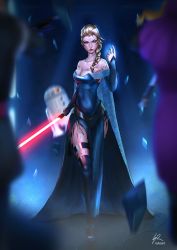 Rule 34 | 1girl, adapted costume, anna (frozen), astromech droid, blonde hair, breasts, cape, cleavage, crossover, dark persona, disney, dress, elsa (frozen), energy sword, frozen (disney), glowing, glowing weapon, highres, lightsaber, long hair, parody, r2-d2, raikoart, red eyes, sith, star wars, sword, tattoo, weapon, yellow eyes