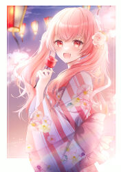 Rule 34 | 1girl, :d, absurdres, blush, border, candy apple, cloud, commentary, eyelashes, fang, floral print, flower, food, from side, hair flower, hair ornament, hand up, highres, holding, holding food, japanese clothes, kimono, lantern, long hair, looking at viewer, mairu003, momoi airi, obi, open mouth, paper lantern, pink hair, project sekai, red eyes, sash, smile, solo, striped clothes, striped kimono, twintails, white border, wide sleeves, yukata