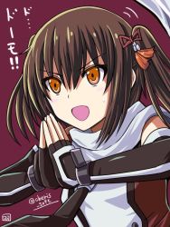 Rule 34 | 10s, 1girl, artist name, brown eyes, brown hair, elbow gloves, gloves, hair between eyes, hair ornament, haura akitoshi, kantai collection, long hair, necktie, ninja slayer, open mouth, red background, ribbon, scarf, school uniform, sendai (kancolle), sendai kai ni (kancolle), serafuku, simple background, smile, solo, translation request, twintails, twitter username, two side up, white scarf