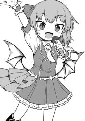 Rule 34 | 1girl, arm up, bat wings, blush, collared shirt, fang, greyscale, highres, holding, holding microphone, looking at viewer, microphone, monochrome, necktie, oninamako, open mouth, remilia scarlet, shirt, short hair, slit pupils, smile, solo, touhou, wings