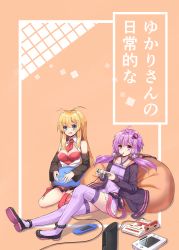 Rule 34 | 2girls, absurdres, bean bag chair, blonde hair, blush, breasts, character name, cleavage, closed mouth, controller, food, game console, game controller, green eyes, highres, hopepe, large breasts, long hair, looking away, multiple girls, necktie, orange background, parted lips, pocky, purple eyes, purple hair, purple legwear, red legwear, red neckwear, seiza, short hair with long locks, sitting, smile, thighhighs, tsurumaki maki, vocaloid, voiceroid, wii u, yuzuki yukari