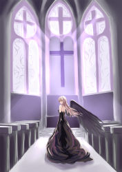 Rule 34 | 1girl, 5plus, altar, black wings, blonde hair, church, cross, dress, elbow gloves, female focus, gloves, highres, indoors, light rays, long hair, low-cut, original, pew, single wing, solo, stained glass, wings