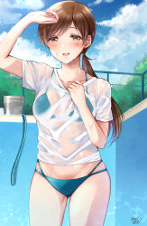 Rule 34 | 1girl, alternate hairstyle, arm up, bikini, blue sky, blush, breasts, brown eyes, brown hair, bucket, chain-link fence, clothes pull, collarbone, cowboy shot, day, dot nose, fence, gen (enji), green bikini, hair tie, hand up, hose, idolmaster, idolmaster cinderella girls, idolmaster cinderella girls starlight stage, long hair, looking at viewer, medium breasts, nitta minami, open mouth, outdoors, ponytail, pool, see-through, see-through shirt, shirt, shirt pull, short sleeves, signature, sky, smile, solo, standing, swimsuit, tree, wet, wet clothes, white shirt