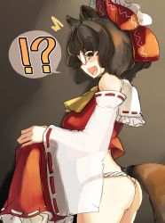 Rule 34 | !, !?, 1girl, ?, animal ears, ass, bare shoulders, bow, brown eyes, brown hair, cosplay, detached sleeves, fundoshi, futatsuiwa mamizou, glasses, hair bow, hakurei reimu, hakurei reimu (cosplay), highres, japanese clothes, looking at viewer, looking to the side, open mouth, raccoon ears, raccoon girl, raccoon tail, see-through, see-through sleeves, solo, spoken exclamation mark, spoken question mark, tail, touhou, uisu (noguchipint)