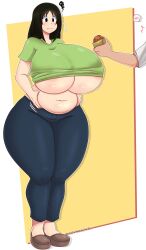 Rule 34 | 1girl, absurdres, areola slip, azumanga daiou, belly, belly grab, black eyes, black hair, breasts, commission, crysnickel, female focus, food, gigantic breasts, green shirt, highres, holding, holding food, kasuga ayumu, long hair, navel, outline, plump, shirt, solo focus, standing, thick thighs, thighs, underboob, white outline, wide hips, yellow background