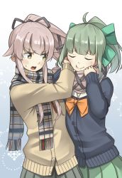 Rule 34 | 2girls, black cardigan, black skirt, blush, bow, buttons, cardigan, closed eyes, fringe trim, green bow, green hair, green skirt, hair bow, highres, kantai collection, long hair, long sleeves, multiple girls, negahami, open mouth, pink hair, plaid, plaid scarf, pleated skirt, ponytail, scarf, skirt, yellow cardigan, yellow eyes, yura (kancolle), yuubari (kancolle)