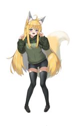 Rule 34 | + +, 1girl, absurdres, ahoge, animal ear fluff, animal ears, black thighhighs, blonde hair, blue eyes, blush, character request, clenched hands, commentary request, copyright request, fluf.p, fox ears, fox girl, fox tail, green jacket, highres, jacket, long hair, looking at viewer, open mouth, outstretched arms, shorts, simple background, smile, solo, spread arms, standing, tail, thighhighs, tooth, very long hair, white background, zettai ryouiki