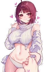 Rule 34 | 1girl, 1other, anger vein, atelier (series), atelier sophie, bare shoulders, breasts, closed mouth, commentary request, detached sleeves, heart, highres, holding hands, large breasts, long sleeves, meme attire, navel, panties, puffy long sleeves, puffy sleeves, purple hair, red eyes, ryuuno6, simple background, smile, solo focus, sophie neuenmuller, turtleneck, underwear, virgin destroyer sweater, white background, white panties, white sleeves