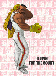 Rule 34 | 1boy, alternate costume, blood, blood on clothes, blue eyes, boxing gloves, chain, chain, cosplay, dark-skinned male, dark skin, dudley, facial hair, freddie mercury, freddie mercury (cosplay), gold chain, highres, jacket, jacket over shoulder, unworn jacket, male focus, muscular, mustache, pants, rgm501, shoes, sneakers, solo, street fighter, street fighter iv (series), tank top, watermark