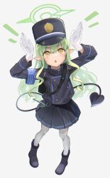 Rule 34 | 1girl, absurdres, black footwear, black hat, black jacket, black skirt, black tail, blue archive, blush, demon tail, full body, gloves, green hair, green halo, hair between eyes, halo, hat, highres, hikari (blue archive), jacket, long hair, long sleeves, nanahoshi teru, open mouth, pantyhose, peaked cap, pleated skirt, pointy ears, shoes, simple background, skirt, solo, tail, white background, white gloves, white pantyhose, yellow eyes