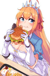 Rule 34 | 1girl, absurdres, antenna hair, blue eyes, breasts, burger, chips (food), food, highres, junga6001, large breasts, long hair, orange hair, pecorine (princess connect!), potato chips, princess connect!, simple background, solo, table, white background