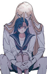 Rule 34 | 2girls, black sailor collar, blonde hair, blue hair, closed mouth, collared shirt, commentary request, fingernails, hands on own knees, height difference, highres, hug, hug from behind, long hair, long sleeves, medium hair, multiple girls, naotin3333, neckerchief, original, own hands together, purple neckerchief, sailor collar, school uniform, serafuku, shirt, simple background, sitting between lap, smile, white background, white shirt