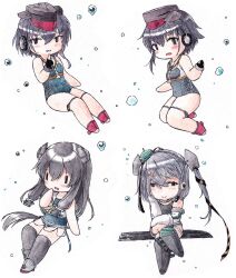 Rule 34 | 4girls, black hair, black one-piece swimsuit, black thighhighs, blue one-piece swimsuit, bubble, chibi, closed mouth, crossed legs, elbow gloves, garrison cap, gloves, hair between eyes, hair ornament, hair ribbon, hat, headgear, headphones, highres, i-13 (kancolle), i-14 (kancolle), i-47 (kancolle), kantai collection, long hair, multiple girls, one-piece swimsuit, open mouth, poipoi purin, ribbon, sailor collar, scamp (kancolle), see-through, see-through skirt, simple background, skirt, star (symbol), star hair ornament, swimsuit, thighhighs, very long hair, white background