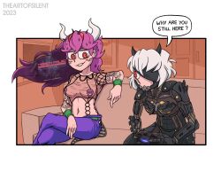 Rule 34 | 2girls, armor, beelzebub (helltaker), belt, black armor, black blindfold, black horns, blindfold, breasts, commentary, cosplay, couch, cyborg, english commentary, english text, feet out of frame, green belt, grin, helltaker, highres, horns, jojo no kimyou na bouken, king crimson (stand), long hair, looking at another, looking to the side, malina (helltaker), medium breasts, metal gear (series), metal gear rising: revengeance, midriff, multiple girls, navel, pants, purple hair, purple pants, raiden (metal gear), raiden (metal gear) (cosplay), red eyes, see-through, see-through shirt, shirt, sitting, smile, theartofsilent, vento aureo, white hair, white horns, wristband