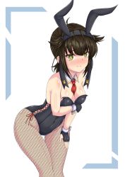Rule 34 | 1girl, alternate costume, animal ears, between breasts, black gloves, black leotard, blush, breasts, brown hair, chaos 0829, commentary request, cowboy shot, detached collar, fingerless gloves, fishnet pantyhose, fishnets, gloves, hair flaps, hatsuzuki (kancolle), highres, kantai collection, leaning forward, leotard, medium breasts, necktie, nose blush, pantyhose, playboy bunny, rabbit ears, red necktie, short hair, solo, wrist cuffs, yellow eyes