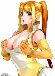 Rule 34 | 10s, 1girl, :o, animal ears, armpit peek, armpits, bare shoulders, blonde hair, blush, bracelet, breasts, brown eyes, circlet, cleavage, collarbone, dress, elbow gloves, from side, gloves, golden snub-nosed monkey (kemono friends), happa (cloverppd), jewelry, kemono friends, large breasts, looking at viewer, looking to the side, monkey ears, multicolored hair, orange hair, sidelocks, solo, sweat, two-tone hair, upper body, yellow gloves
