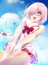Rule 34 | 1girl, :d, ball, beach, beachball, black-framed eyewear, blue sky, breasts, cleavage, commentary request, cowboy shot, day, dress, dutch angle, eyes visible through hair, fate/grand order, fate (series), glasses, hair over one eye, highres, hisayaki kyuu, lens flare, light purple hair, looking at viewer, mash kyrielight, mash kyrielight (swimsuit of perpetual summer), medium breasts, ocean, official alternate costume, open mouth, outdoors, purple eyes, short hair, sky, smile, solo, sun, sundress, sweat, thighs, white dress