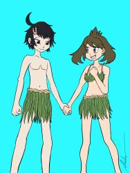 Rule 34 | 1boy, 1girl, ahoge, antenna hair, aqua background, arm at side, armpits, barefoot, black hair, blue eyes, brendan (pokemon), brown hair, child, clenched hands, collarbone, couple, day, eye contact, fang, feral child, fingernails, flat chest, hand on own chest, happy, highres, jungle, leaf bikini, leaf skirt, legs, long fingernails, looking at another, may (pokemon), medium hair, midriff, nature, navel, neck, no male underwear, no panties, official alternate costume, outdoors, pokemon, pokemon adventures, red eyes, revealing clothes, shadao, sharp fingernails, short hair, short ponytail, shy, sidelocks, signature, simple background, smile, standing, swept bangs, thighs, tomboy, topless male, v-shaped eyebrows