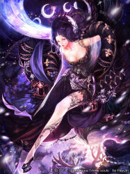 Rule 34 | 1girl, artist name, bare shoulders, beads, braid, breasts, cape, cleavage, copyright name, crescent, crescent moon, elk, hair ornament, heyjin, hooves, lipstick, long hair, makeup, moon, pale skin, purple hair, realistic, scarf, silk, solo, tattoo, thighhighs, trinity souls, very long hair, watermark, white thighhighs