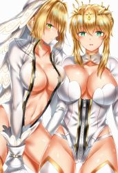 Rule 34 | 10s, 2girls, ahoge, alternate costume, artoria pendragon (fate), artoria pendragon (lancer) (fate), bad id, bad pixiv id, blonde hair, blush, braid, breast press, breasts, bridal veil, center opening, cleavage, cleavage cutout, clothing cutout, collarbone, cosplay, crown, fary5, fate/extra, fate/extra ccc, fate/grand order, fate (series), french braid, full-length zipper, green eyes, hair between eyes, hair bun, hair intakes, heattech leotard, highleg, highleg leotard, highres, hip focus, large breasts, leotard, long hair, looking at viewer, multiple girls, navel, nero claudius (bride) (fate), nero claudius (bride) (fate) (cosplay), nero claudius (fate), nero claudius (fate) (all), open mouth, parted lips, sidelocks, simple background, single hair bun, smile, symmetrical docking, thighhighs, thighs, turtleneck, veil, white background, white legwear, white leotard, wrist cuffs, zipper, zipper pull tab