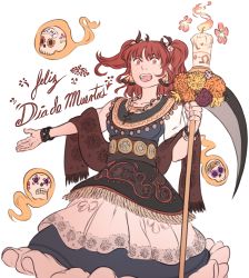 Rule 34 | 1girl, adapted costume, alternate costume, apron, bracelet, candle, commentary request, cross, dia de muertos, dress, earrings, fire, flower, frills, hair bobbles, hair ornament, jewelry, marigold, mefomefo, necklace, onozuka komachi, open mouth, outstretched arm, red eyes, red hair, round teeth, scythe, shawl, shell, short sleeves, skull, solo, spanish text, teeth, touhou, twintails, two side up