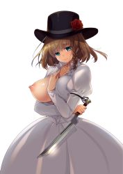 Rule 34 | 1girl, blue eyes, braid, breasts, brown hair, charlotte corday (fate), charlotte corday (third ascension) (fate), dress, fate/grand order, fate (series), flower, hat, hat flower, knife, large breasts, looking at viewer, nipples, one breast out, reverse grip, ruri rarako, short hair, side braid, simple background, solo, tears, white background, white dress