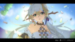 Rule 34 | 1girl, :&lt;, arknights, artist name, bare shoulders, bilibili, blonde hair, blue hair, blue sky, branch, collarbone, earrings, eyeliner, floating, green eyes, grey hair, hair between eyes, hair ornament, hair stick, head tilt, highres, holding, holding sword, holding weapon, jacket, jewelry, letterboxed, lofter logo, looking at viewer, makeup, multicolored hair, necklace, off shoulder, open clothes, open jacket, outdoors, outstretched arm, parted lips, red eyeliner, red pupils, shirt, shu (arknights), sidelocks, sky, solo, strapless, strapless shirt, streaked hair, sword, tassel, tassel earrings, upper body, v-shaped eyebrows, weapon, white jacket, white shirt, yiensnow