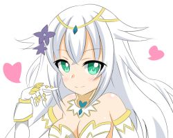 Rule 34 | 1girl, aqua eyes, bare shoulders, black heart (neptunia), blush, breasts, cleavage, collar, crawford, elbow gloves, flower, gloves, hair flower, hair ornament, heart, long hair, medium breasts, neptune (series), noire (neptunia), power symbol, smile, solo, stomach, symbol-shaped pupils, white hair, wings