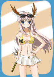 Rule 34 | absurdres, ahoge, blue eyes, blush, breasts, brown hair, cleavage, cleavage cutout, clothing cutout, goggles, goggles on head, graphite (medium), groin, gun, hand on own hip, handgun, hanna-justina marseille, head wings, highres, hiroshi (hunter-of-kct), long hair, medium breasts, navel, pistol, smile, solo, strike witches, swimsuit, traditional media, weapon, wings, world witches series