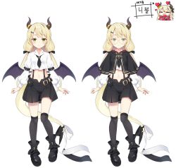 Rule 34 | 1girl, black bow, black footwear, black shorts, black thighhighs, blonde hair, blush, boots, bow, closed mouth, commentary request, crop top, dragon girl, dragon horns, dragon tail, dragon wings, glasses, green eyes, hair bow, heart, highres, horns, indie virtual youtuber, korean commentary, korean text, kutata, long hair, long sleeves, low twintails, midriff, multiple views, navel, nivr (vtuber), over-kneehighs, puffy long sleeves, puffy sleeves, purple wings, round eyewear, shirt, short shorts, shorts, simple background, tail, tail bow, tail ornament, thighhighs, twintails, very long hair, virtual youtuber, white background, white shirt, wings, yellow-framed eyewear