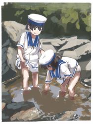 Rule 34 | 2girls, bad id, bad twitter id, black eyes, black hair, blue sailor collar, blush, border, brown hair, daitou (kancolle), dress, had (had314), hat, hiburi (kancolle), highres, kantai collection, multiple girls, open mouth, outdoors, partially submerged, ponytail, sailor collar, sailor dress, sailor hat, short hair, short ponytail, short sleeves, standing, wading, water, white border, white dress, white headwear