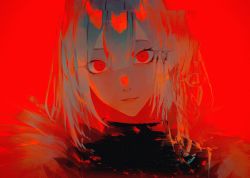 Rule 34 | 1girl, androgynous, commentary, eyelashes, feather trim, glitch, glowing, glowing eyes, grey hair, hair between eyes, highres, kakubi neu, light smile, limited palette, long hair, looking at viewer, original, parted lips, portrait, red background, red theme, simple background, solo, turtleneck