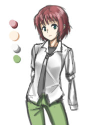 Rule 34 | 10s, 1girl, amputee, armless amputee, color guide, double amputee, green eyes, katawa shoujo, necktie, palette (object), pants, raide, red hair, school uniform, short hair, solo, tezuka rin