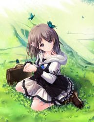 Rule 34 | 1girl, absurdres, briefcase, brown hair, bug, butterfly, dress, grass, has bad revision, has cropped revision, has downscaled revision, highres, hood, hood down, insect, looking at viewer, md5 mismatch, original, outdoors, purple eyes, resolution mismatch, short hair, sitting, smile, solo, soraizumi, source smaller, vest, zuppon