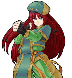 Rule 34 | 1girl, beret, blue eyes, bow, braid, chinese clothes, clenched hands, fingerless gloves, gloves, hair bow, hat, hong meiling, long hair, raybar, red hair, simple background, solo, stance, touhou, twin braids, white background