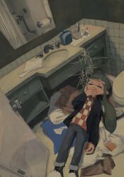Rule 34 | 1girl, bathroom, black jacket, blue hair, checkered clothes, checkered skirt, cigarette, closed eyes, cup, door, dr mice, highres, holding, holding cigarette, indoors, inkling, inkling girl, inkling player character, jacket, long sleeves, lying, messy room, mirror, nintendo, on back, on floor, pants, pointy ears, shirt, shoes, sink, skirt, smoke, smoking, solo, splatoon (series), tentacle hair, toilet, toothbrush
