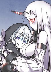 Rule 34 | 10s, 2girls, abyssal ship, breast smother, breasts, colored skin, covered erect nipples, detached sleeves, dress, face to breasts, glowing, glowing eyes, hair between eyes, hood, kantai collection, long hair, masuishi kinoto, multiple girls, pale skin, purple eyes, re-class battleship, red eyes, ribbed dress, seaport princess, shima (shima je), short hair, sideboob, very long hair, white hair, white skin