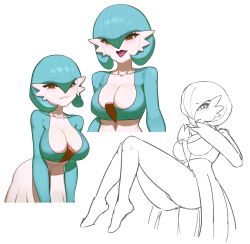 Rule 34 | 1girl, :3, absurdres, alternate color, arms at sides, blue hair, blue skin, blush, bob cut, breasts, cleavage, closed mouth, collarbone, colored skin, cowboy shot, creatures (company), cropped torso, female focus, full body, game freak, gardevoir, gen 3 pokemon, hair between eyes, hair over one eye, half-closed eyes, hands up, highres, invisible chair, knees together feet apart, large breasts, leaning forward, legs, looking at viewer, multicolored skin, multiple views, nintendo, one eye covered, orange eyes, partially colored, pokemon, pokemon (creature), shiny pokemon, short hair, simple background, sitting, tongue, tongue out, two-tone skin, upper body, white background, white skin, yawar