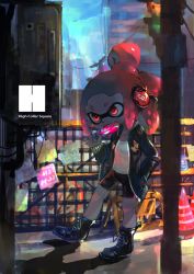 Rule 34 | 1girl, bike shorts, black footwear, black jacket, black shorts, blue sky, cable, candy, commentary, day, eating, english text, food, food in mouth, full body, hand in pocket, headset, highres, holding, holding candy, holding food, holding lollipop, inkling, inkling girl, inkling player character, jacket, kashu (hizake), laces, light particles, lollipop, long sleeves, looking away, medium hair, monster girl, nintendo, open clothes, open jacket, outdoors, poster (medium), poster (object), railing, red eyes, red hair, shade, shadow, shirt, short eyebrows, shorts, sky, solo, splatoon (series), splatoon 2, teeth, tentacle hair, topknot, traffic cone, traffic light, walking, white shirt