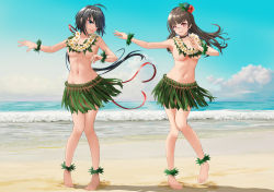 Rule 34 | 2girls, absurdres, ahoge, areola slip, barefoot, beach, black hair, blue eyes, blue sky, breasts, censored, choukai (kancolle), choukai kai ni (kancolle), cloud, dancer, dancing, day, flower, flower necklace, gibun (sozoshu), glasses, grass skirt, highres, hula, jewelry, kako (kancolle), kako kai ni (kancolle), kantai collection, large breasts, lei, long hair, medium breasts, messy hair, mosaic censoring, multiple girls, navel, necklace, ocean, outdoors, parted bangs, ponytail, red eyes, sky, topless, very long hair, waves