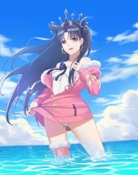 Rule 34 | 1girl, absurdres, bare shoulders, black hair, black ribbon, breasts, cloud, commentary request, crown, day, doris (1349745448), earrings, fate/grand order, fate (series), fur trim, highres, hoop earrings, in water, ishtar (fate), ishtar (swimsuit rider) (fate), jacket, jewelry, long hair, long sleeves, looking at viewer, open mouth, parted bangs, red eyes, ribbon, single thighhigh, small breasts, smile, solo, standing, swimsuit, teeth, thighhighs, two side up, upper teeth only, wading