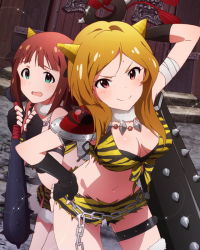Rule 34 | &gt;:), 10s, 2girls, amami haruka, animal print, armor, bandages, black gloves, blonde hair, breasts, brown eyes, chain, cleavage, club, club (weapon), fake horns, gloves, horns, idolmaster, idolmaster (classic), idolmaster million live!, jewelry, kanabou, midriff, momose rio, multiple girls, navel, necklace, official art, oni, oni horns, pauldrons, setsubun, shoulder armor, solo focus, spiked club, sweat, tiger print, v-shaped eyebrows, weapon
