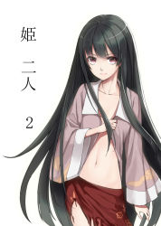 Rule 34 | 1girl, bad id, bad pixiv id, black hair, cover, cover page, female focus, houraisan kaguya, long hair, navel, open clothes, simple background, skirt, smile, solo, takemori shintarou, torn clothes, torn skirt, touhou, very long hair, white background