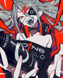 Rule 34 | 1girl, absurdres, bare shoulders, black collar, can, collar, collarbone, dive to zone, eyepatch, fangs, fingernails, grey hair, hair ornament, headphones, headphones around neck, highres, holding, holding can, long fingernails, long hair, mochizuki kei, nail polish, open mouth, original, pink nails, power symbol, red eyes, solo, spiked collar, spikes, teeth, tongue, twintails, upper body, zipper, zipper pull tab